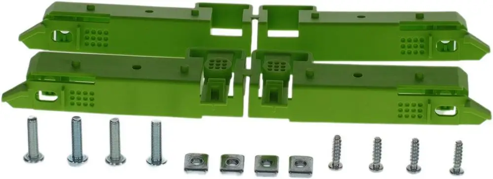 Zwei grüne Schalttafelarretierungen von Bosch mit dazugehörigen Schrauben und Unterlegscheiben zur Montage.